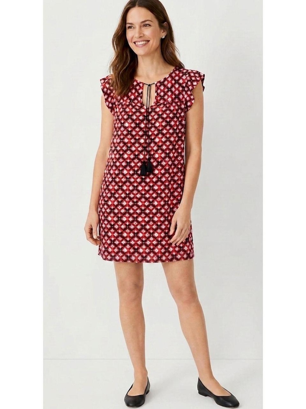 Ann Taylor Loft Red & Black Print Cap Sleeve Dress
